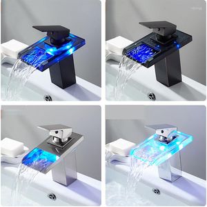 Bathroom Sink Faucets LED Light Basin Faucet Brass Waterfall Temperature Colors Change Mixer Black White Deck Mounted Wash Glass Taps