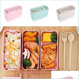 Lunch Boxes Wheat St Box Healthy Material 3 Layer 900Ml Microwave Safety Stackable Bento Food Storage Container Drop Delivery Home G Dh34H