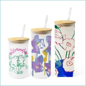 Tubllers 12/16/25 unz Sublimation Glass Can Tumbler Frosted Coli Bamboo Lid Piwo Cocktail Cocktail Whisky Kubek kubek mrożony słoik herbaty upuść del dhzup