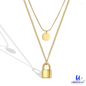 Anhänger Halsketten Modeschmuck 18 Karat vergoldeter Edelstahl Doppelschichtkette Chocker Coin Lock Halskette für Frauen / Mädchen