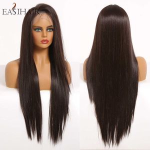 Synthetic Wigs Easihair Long Straight Dark Brown Lace Front Wigs for Women Natural Hair Frontal Wig Heat Resistant Silk Soft 230227