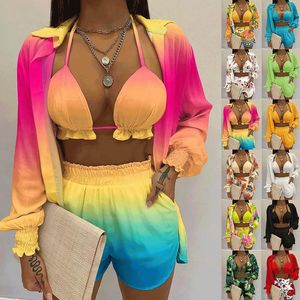 Kvinnors shorts 2023 Kvinnor Sexig tre -stycken Summer Rem Top Shirt Coat Holiday Beach Dress Fashion Set