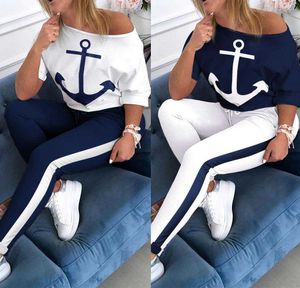 Womens Two Piece Pant Short Sleeved T Shirt Navy Sports Suit Boat Anchor Printed