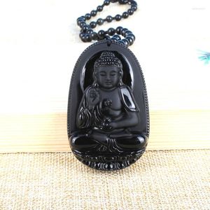 Kedjor släpp naturliga svart obsidian sten snidade buddha lycklig amulet hänge halsband för kvinnor män hängsmycken