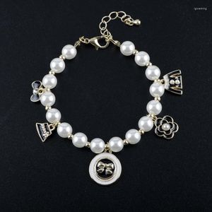 Strand Trendy Imitation Pearls Bowknot Flower Emalj Metal Armband/Bangles for Women Girls Kids Jewelry Gift