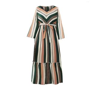 Casual Dresses Women's Large Size Green Standed Color Matching Printed Long Dress Loose Belt Women Fitted Shirt Sleeve