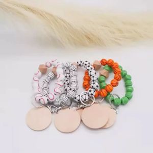 Sublimation Party Supplies New Baseball Color Beaded Wooden Bead Bracelet Key Chain Blank Disc Key Ring Multicolor Optional Wholesale