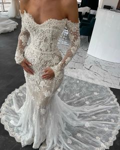 Bohemian Lace Mermaid Wedding Dresses Off The Shoulder Long Sleeves Corset Bridal Gowns Appliques Pearls Beaded Country Vestido De Novia 2023