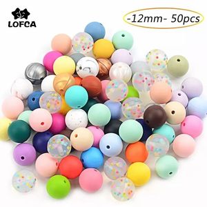 Baby Teethers Toys LOFCA 50pc Silicone Beads 12mm Loose Tie Dye Food Grade Teething Toy Chews Pacifier clips Nursing Necklace 230331