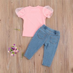 Roupas infantis de verão para bebês meninas moda renda manga curta camisetas topscom pérola calças jeans crianças roupas casuais