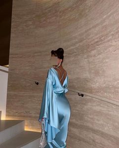 Sky Blue Elegant Muslim Formal Evening Dresses Robes de Soiree Dubai Arabic Party Prom Gowns Long Hleepes