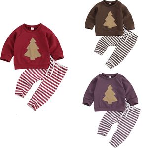 Completi di abbigliamento Citgeett Autunno 024M Bambini Bambini Ragazze Ragazzi Manica lunga Albero di Natale Top Pantaloni con lacci elastici in vita a righe 230331