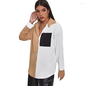 Women's Blouses Slim Ladies Tops Long Sleeve Pocket Fall Cardigan Turn-Down Collar Blouse Colorblock Drop Shoulder Button Shirts