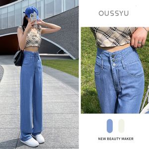 Kvinnors jeans Summer Lyocell Thin Woman Comfort Ventilate High midjan Straight Wide Leg Female Pants Femme Streetwear Casual Trousers 230330