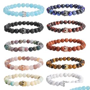 Kaliwowe 8 mm modne koraliki Koron Bransoletka dla mężczyzn Kobiety Agat Tiger Eye Lava Natural Stone Joga ręcznie robiona para biżuterii dhgarden dhtuq