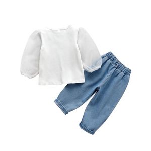 Roupas de roupas 1-6y crianças pequenas de roupas meninas malha de manga longa de manga comprida Tops sólidos jeans calça 2pcs