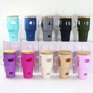 New 32oz glass tumbler with handle silicone sleeve bamboo lid plastic straw big capacity glasses beer drinking mugs outdoor tumblers 10 colors