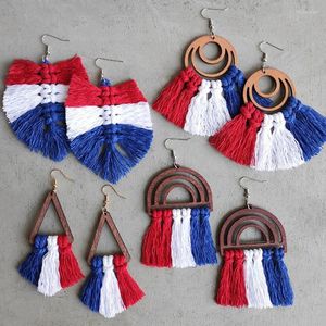 Baumelnde Ohrringe, geometrisch, aus Holz und rot, weiß, blau, Makramee für Frauen, patriotisch, 4. Juli, Abstimmungstag, Schmuck, Großhandel