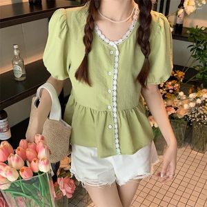 Damen Blusen Frühling Sommer Koreanische Nette Shirts Weibliche Mode Puffärmel Kurzes Oberteil Aushöhlen Rundhals Skirm Saum