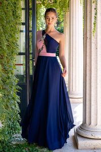 Party Dresses Navy Blue Pink Prom Sexig en axel långärmad formell mottagningsklänning för damkvinnor golvlängd vestidos