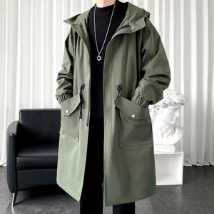 Trench de trincheira masculina Privathinker Autumn Color Solid Saled Long Jacket 2023 Moda Big Pocket Capuz Clothing 230331