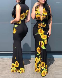 Casual Dresses Elegant Fashion Chic Dress Women Deep V-Neck Plunge Sunflower Print Slit Maxi