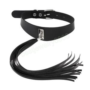 Svart Long Tassel Choker lädermorskor Halsband Kvinnor Girl Män vintage uttalande krage halsband smycken