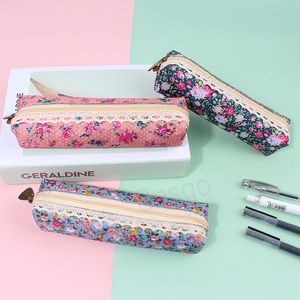 Vintage Dots Flower Lace Pen Bag Canvas Zipper Pencil Stationery Bag Gift Storage Bag Students Stationery Organizer Supplies BH8493 TYJ