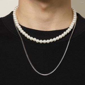 Colares pendentes 2023 Punk Silver Color Link Chain colar longo para homens Mulheres fios imitação de pérola colar