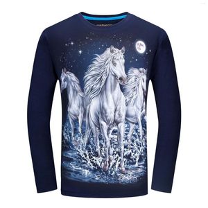 Мужские рубашки T 2023 Осенние мужчины модная креативная 3D Белая лошадь принц плюс размер футболки с длинными рукавами.