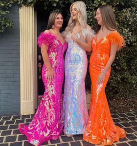 Iridescent Sequine Pattern Prom Dress 2k23 Feather Off-Shoulder Lady Girl Pageant Formal Party Wedding Guest Red Capet Runway Black-Tie Gala Hoco Gown Orange Fuchsia