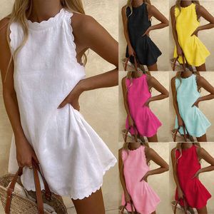 2024 Nya kvinnors avslappnade klänningar bomullslinne fast färg ärmlös väst sommarklänning broderad rufsad kjol