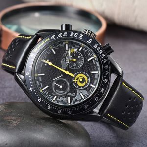 Omeg Edelstahl Armbanduhren für Männer 2023 Neue Herrenuhren Alle Zifferblatt Arbeit Quarzuhr Top Luxusmarke Uhr Männer Mode Schwarz Lederband