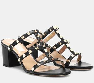 Summer women sandal heels stud shoes spiked strap Calfskin leather slide sandal 60mm chunky heeled slip on wedding party dress black white red 35-43Box