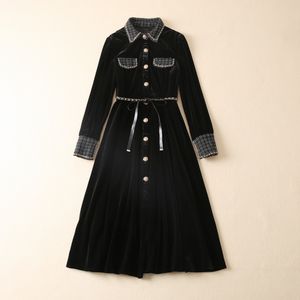 ربيع اللون الأسود الصلب ملون فستان VELOR فستان طويل الأكمام من طية صفيرة الرقبة ذات الصدر أحادي الفساتين غير الرسمية S2N221459 بالإضافة إلى الحجم XXL