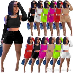 Alleinstehende Frauen Reacksuits Reine Farbe Ärmel Overalls Dreidimensionale Tasche Sport Casual Drei-stück Anzüge 6 Farben