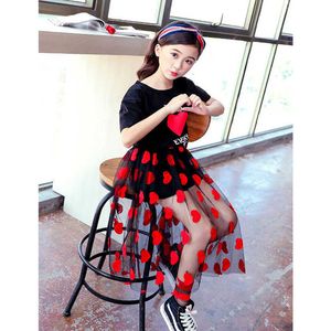 New Summer Girls Clothes Princess Children Dancing Sets Kids Heart Pattern T shirt with Skirts 2pcs Outfit Age 7 9 14Years