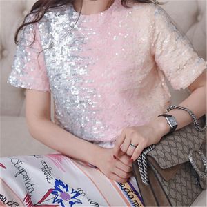 Women's T-Shirt Women's Sequin T-shirt Selling Summer Short Sleeve Top Gradient Sequin Women's Loose T-shirt Pink 230331