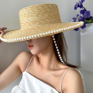 高級パールリンク麦わら帽子女性わら漁師帽子ビーチサンキャップ夏の女性の休暇キャップ