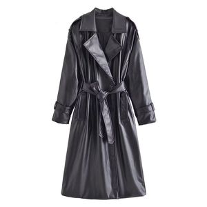 Damen Trenchcoat Mode mit Gürtel Kunstleder Vintage Langarm Taschen Damenoberbekleidung Chic Overcoat 230331