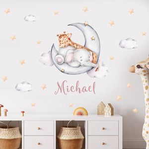 Wall Stickers Custom Baby Name Elephant Giraffe Moon Star Watercolor Wallpaper Kindergarten Removable Vinyl Wallpaper Mural Children's Room Decoration 230331