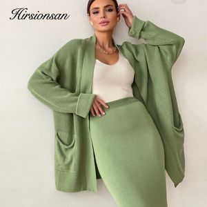 Two Piece Dress Hirsionsan Soft Vintage Lace Up Women Suits 2 Pieces Female Sets with Belt V Neck Cardigan Midi Ladies Knitted TrackSuit 230331