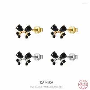 Stud Earrings KAMIRA Real 925 Sterling Silver Unique Black Zircon Bow For Women Party Pierced Fashion Jewelry Gift