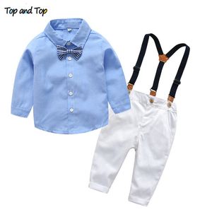 Giyim setleri üst ve erkek beyefendi sonbahar çocukları resmi takım elbise uzun kollu gömlek süspansiyonları pantolonlar rahat çocuk kıyafetleri 230331