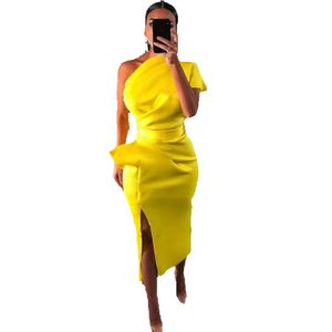 Sarı bir omuz kısa gece elbise yan bölünmüş saten denizkızı resmi parti balo çayı çayı uzunluğunda
