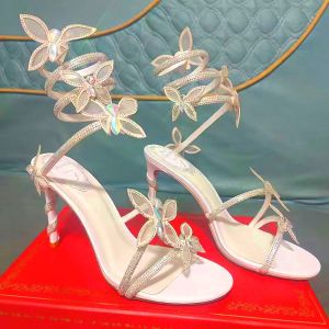 Rene Caovilla Slides Heels Sandals Stilletto Rhinestones Slippers Crystal Heeled Butterfly Shoes Womens Luxury Leather Outsole Evening Dress Shoes Factory