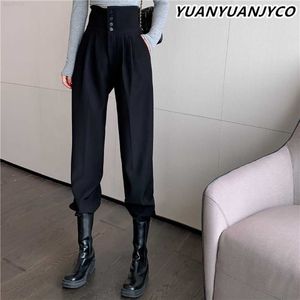 Yuanyuanjyco Bahar Sonbahar Kadınlar Uzun Gündelik Harem Pantolon Kore Stil Moda Yüksek Bel Düğmeleri Khaki Siyah Kargo Pantolon