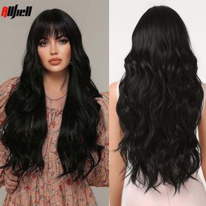 Perucas sintéticas de ondas longas com franja preta Body Body Wavy Natural Black Hel Wig Resistente a mulheres para mulheres diariamente Halloween Cosplay Usef