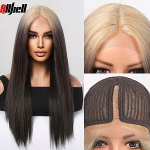 Lace Frontal Wigs Long Straight Ombre Blonde to Brown Cosplay Lace Synthetic Wig Middle Part for Women Daily Use Heat Resistantf