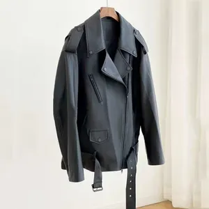 Women's Leather Fashion Coat Spring Women 2023 Soft Real Sheepskin Overcoat Belt Locomotive Model Style Genuine Jacket Oversized